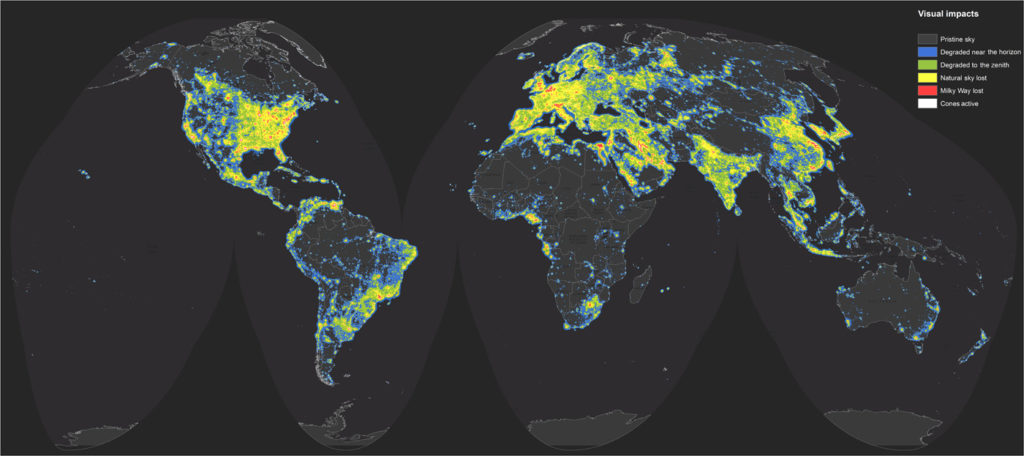 Mappa dell'inquinamento luminoso nel mondo.
